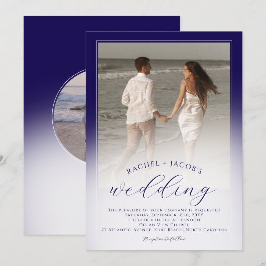 Modern Dark Blue Ombre 2-Photo Wedding Einladung (Vorne/Hinten)
