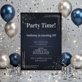 Modern Dark Blue & Silver 18th Birthday Invitation Einladung