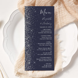 Modern Dark Blue Silver Glitter Edge Wedding Menükarte
