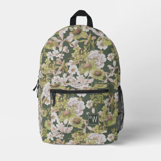 Modern Dark Green FLoral Muster Monogram Bedruckter Rucksack (Vorderseite)