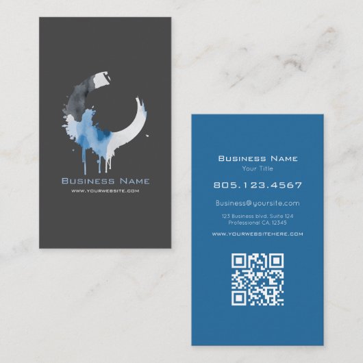 Modern Dark Grey & Blue Watercolor Swirl Visitenkarte (Vorne/Hinten)