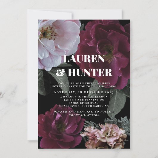Modern Dark Moody Burgundy Pink Floral Wedding Inv Einladung (Vorderseite)