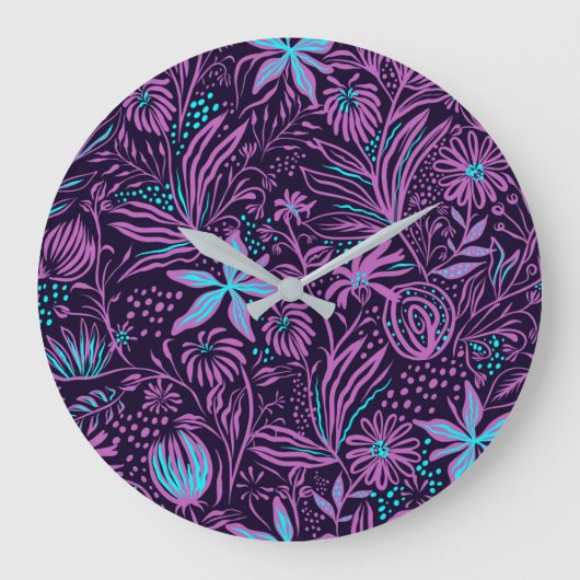 Modern Dark Purple Floral Pattern Große Wanduhr (Vorderseite)
