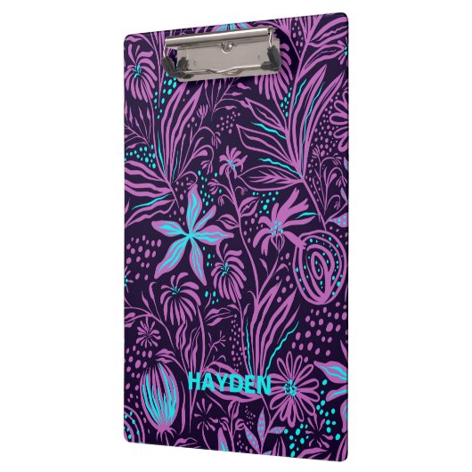 Modern Dark Purple Floral Pattern Personalised Klemmbrett (Links)