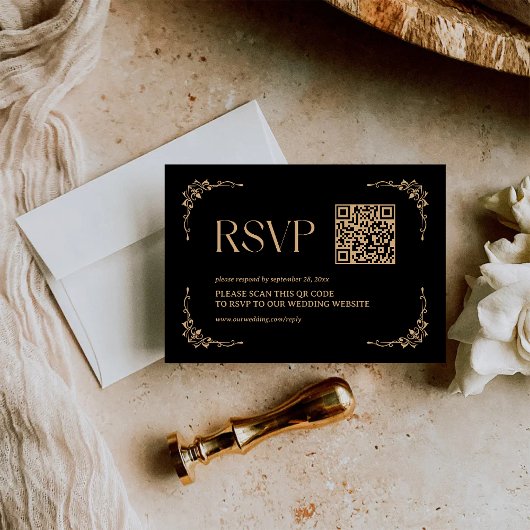Modern Deco | Black and Gold Wedding QR Code RSVP Karte