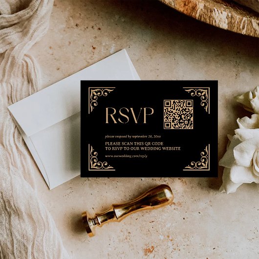 Modern Deco | Black and Gold Wedding QR Code RSVP Karte