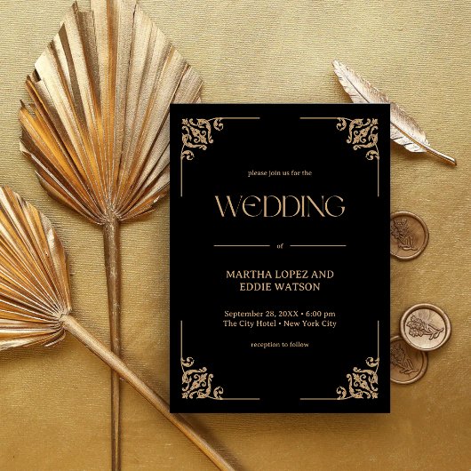 Modern Deco | Elegant Black and Gold Wedding Einladung