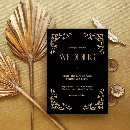 Modern Deco | Elegant Black and Gold Wedding Einladung