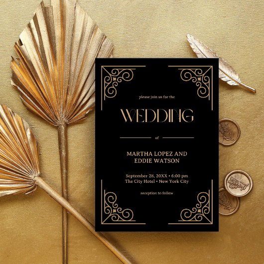 Modern Deco | Elegant Black and Gold Wedding Einladung