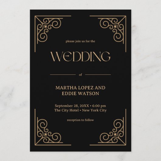 Modern Deco | Elegant Black and Gold Wedding Einladung (Vorderseite)