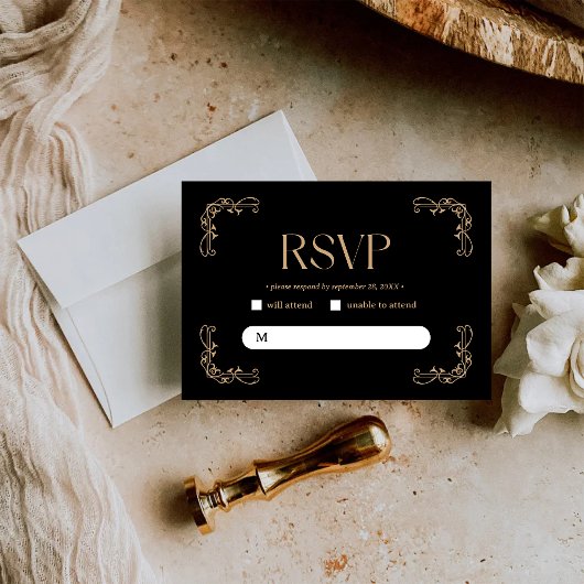 Modern Deco | Elegant Black and Gold Wedding RSVP Karte