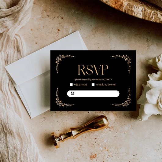 Modern Deco | Elegant Black and Gold Wedding RSVP Karte