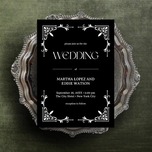 Modern Deco | Elegant Onyx Black and White Wedding Einladung