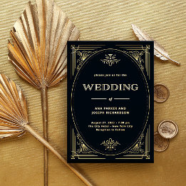 Modern Deco | Elegante Hochzeit Schwarz und Gold Folieneinladung
