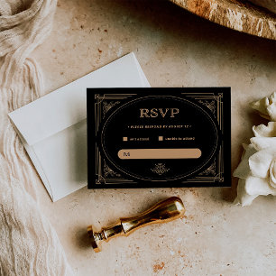 Modern Deco   Elegante schwarze und goldene Hochze RSVP Karte