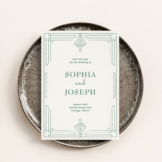 Modern Deco | Elegantes Hellgrün und sanftes Elfen Save The Date