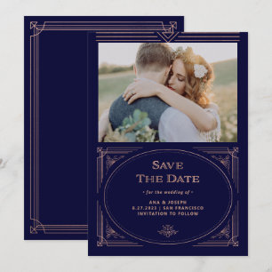 Modern Deco   Falsches Roségold und Dunkelblau Fot Save The Date