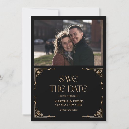 Modern Deco | Faux Gold and Black Photo Wedding Save The Date (Vorderseite)