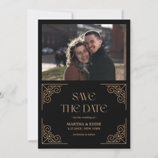 Modern Deco | Faux Gold and Black Photo Wedding Save The Date (Vorderseite)