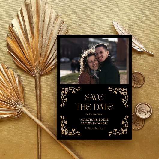 Modern Deco | Faux Gold and Black Photo Wedding Save The Date