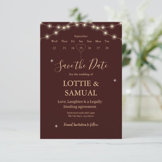 Modern Deep burgundy Fairy Lights Save The Date (Stehend Vorderseite)