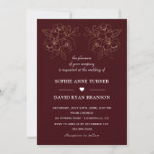 Modern Deep Burgundy Gold Line Art Flowers Wedding Einladung (Vorderseite)
