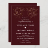 Modern Deep Burgundy Gold Line Art Flowers Wedding Einladung (Vorne/Hinten)