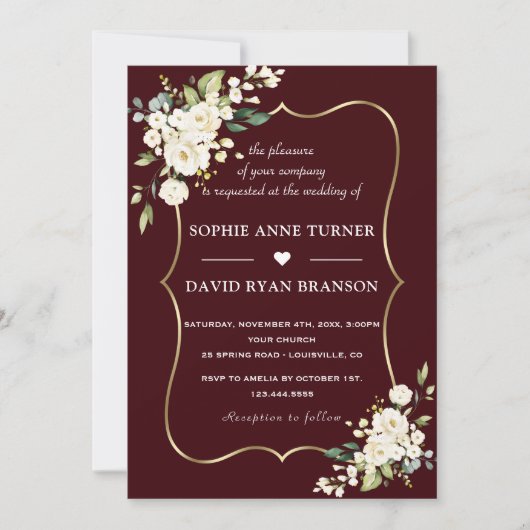 Modern Deep Burgundy White Ivory Flowers Wedding Einladung (Vorderseite)