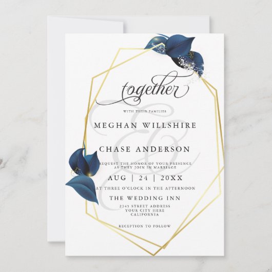 Modern Deep Indigo Blue und GoldBarefootBride™ Einladung (Vorderseite)