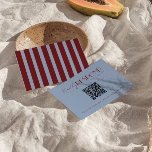 Modern Deep Red Blue QR Code Fancy Wedding RSVP Karte