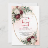Modern Deep Red Floral Gold Baby Shower Invite Einladung (Vorderseite)