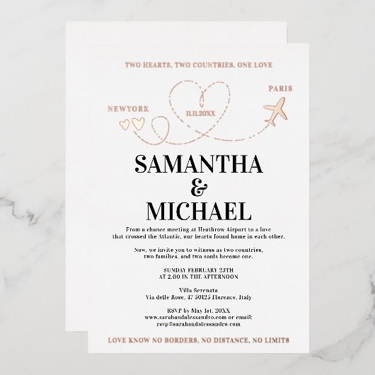 Modern Destination Wedding Airplane Heart Folieneinladung (Vorderseite/Rückseite)