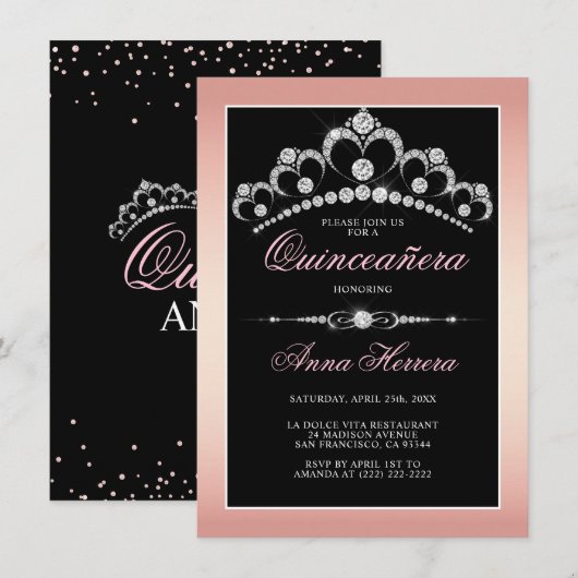Modern Diamond Tiara Black Pink QUINCEAÑERA Einladung (Vorne/Hinten)
