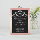 Modern Diamond Tiara Black Pink QUINCEAÑERA Einladung (Stehend Vorderseite)