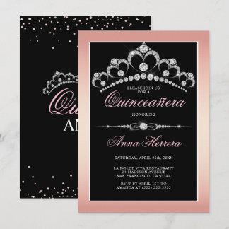 Modern Diamond Tiara Black Pink QUINCEAÑERA Einladung