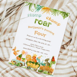 Modern Dinosaur Stomp Chomp Roar 4. Geburtstag Einladung