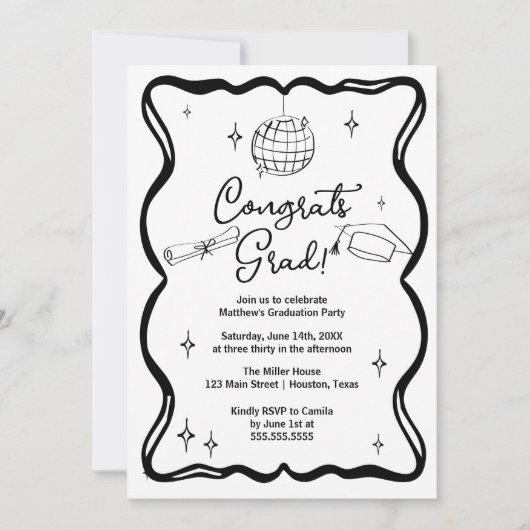 Modern doodle Congrats grad! Graduation Invitation Einladung (Vorderseite)