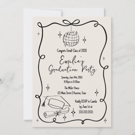 Modern doodle Graduation Invitation Einladung (Vorderseite)