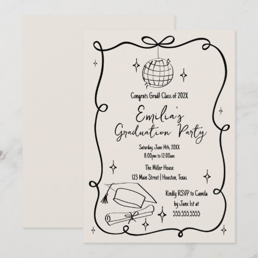 Modern doodle Graduation Invitation Einladung (Vorne/Hinten)