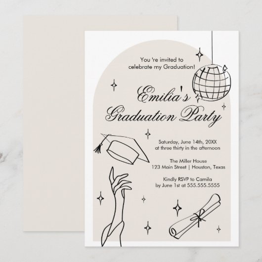 Modern doodle Graduation Invitation Einladung (Vorne/Hinten)