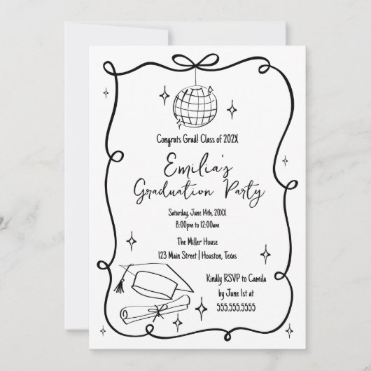 Modern doodle Graduation Invitation Einladung (Vorderseite)