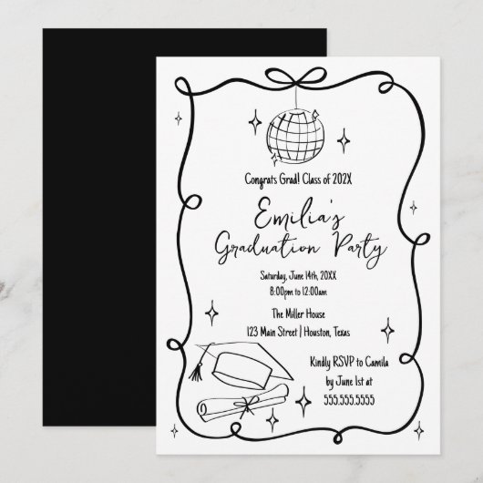Modern doodle Graduation Invitation Einladung (Vorne/Hinten)