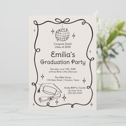 Modern doodle Graduation Invitation Einladung (Stehend Vorderseite)