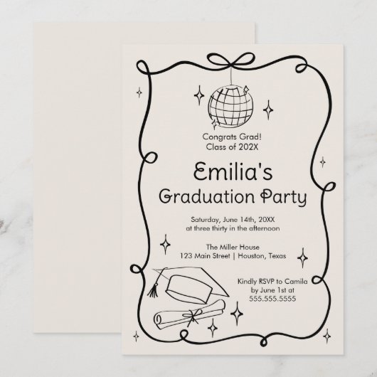 Modern doodle Graduation Invitation Einladung (Vorne/Hinten)