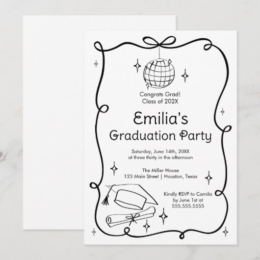 Modern doodle Graduation Invitation Einladung (Vorne/Hinten)