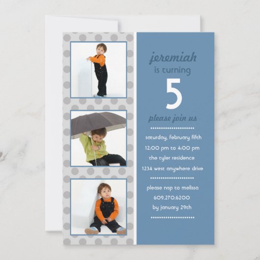 Modern Dot Foto Birthday Invitation (Steel Blue) Einladung (Vorderseite)