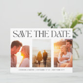 MODERN Drehbuch Drei Fotos Hochzeit Save The Date (Stehend Vorderseite)