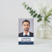 Modern dunkelblau und weiß addieren Foto QR-Code Visitenkarte (Stehend Vorderseite)