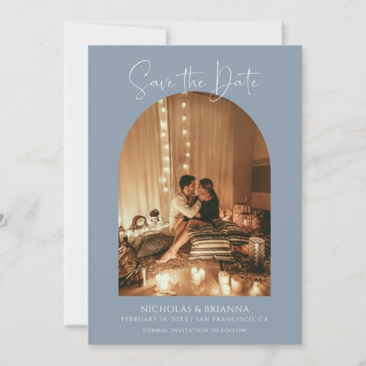 Modern Dusty Blue Arch Foto Boho Wedding Monogram Save The Date (Vorderseite)