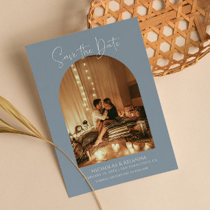 Modern Dusty Blue Arch Foto Boho Wedding Monogram Save The Date